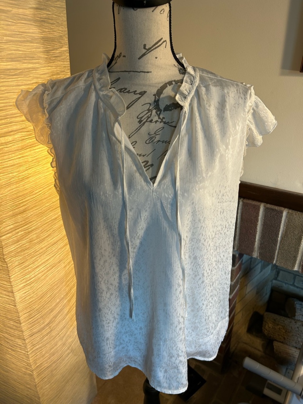 White Ruffle-Trim V-Neck Cap Sleeve Blouse